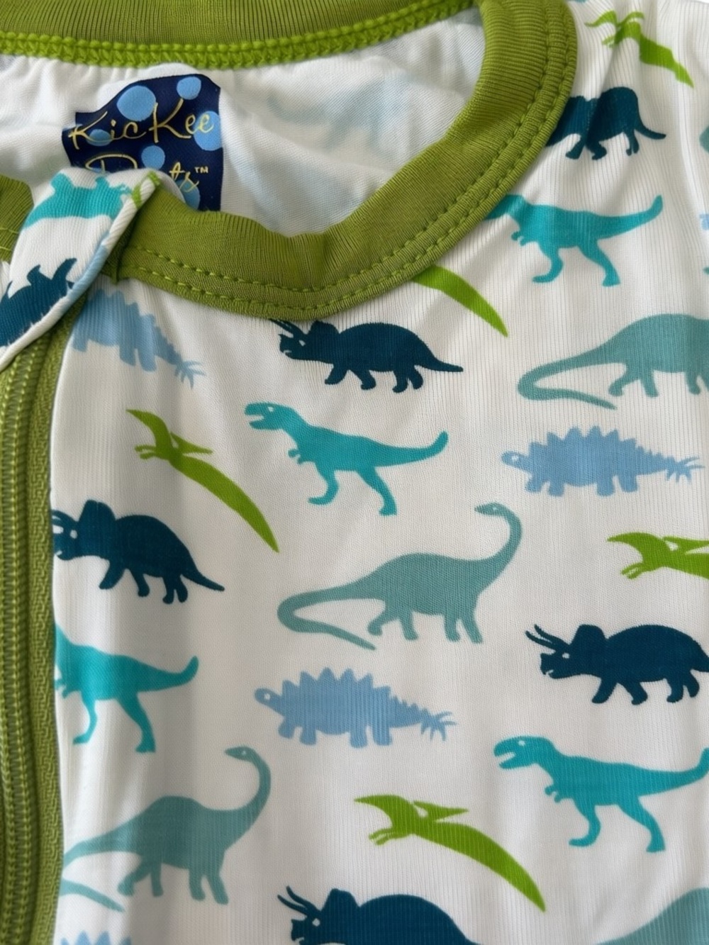 NWT Kickee Pants Bamboo White Green Blue Dinosaur Print Zipper Footed Pajamas - Picture 3 of 4
